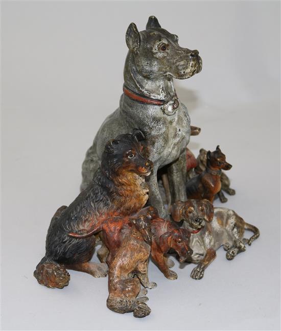 A fine late 19th century Austrian cold painted bronze group of eight dogs, W.8.5in. H.7in.